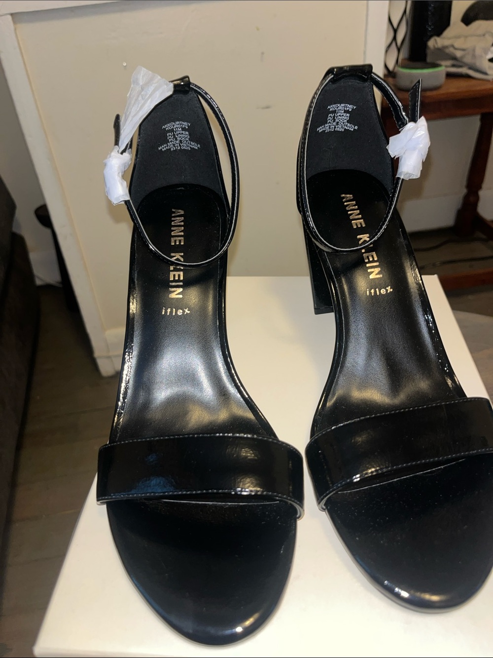 Anne Klein Black Patent Ankle-Strap Block Heels